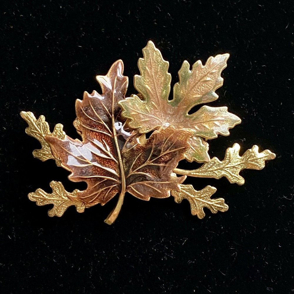 Large Multi Leaf Pin Enamel Brooch Maple Elm Vintage Jewelry 2.5”